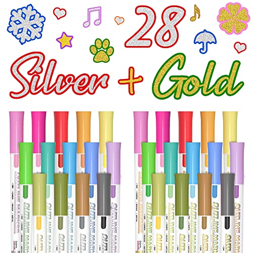 Shuttle Art 28 Pack Double Line Outline Markers, 14 Silver and 14 Gold Colors Squiggles Shimmer Markers Set, Self Outline Metallic Marker Pens for Drawing, Christmas Greeting Card, DIY Crafts