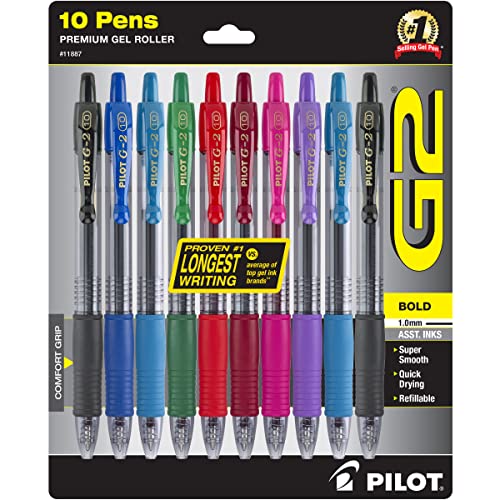 Pilot G2 Premium Retractable Gel-Ink Rolling Ball Pens, Bold Point (1.0mm), Assorted, 10/Pk (11887)