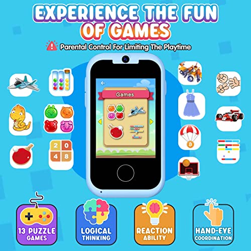 Kids Toy Phone Boys Puzzle Learning Toy, Eltrynic Toddler Touchscreen Smart Phone for 3 4 5 6 7 Year Old Boy, Christmas Birthday Gifts for Children Age 3-7, MP3 Music Player with Dual Camera (Blue) - Image 6