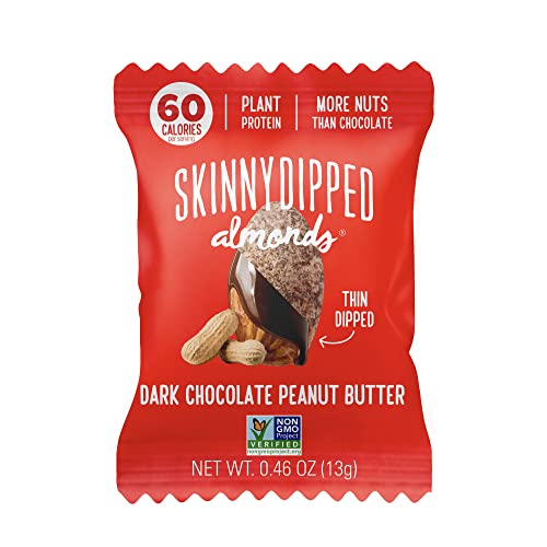 SkinnyDipped Dark Chocolate Peanut Butter Almonds, Healthy Snack, Plant Protein, Gluten Free, 0.46 oz Mini Bags, Pack of 24