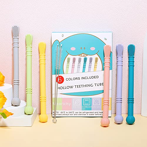 Meartchy 6 Pack Hollow Teether Tubes, Teething Toys for Baby Infants 0-6 Months , Silicone Chew Straw Toy for Babies 6-12 Months - Image 3