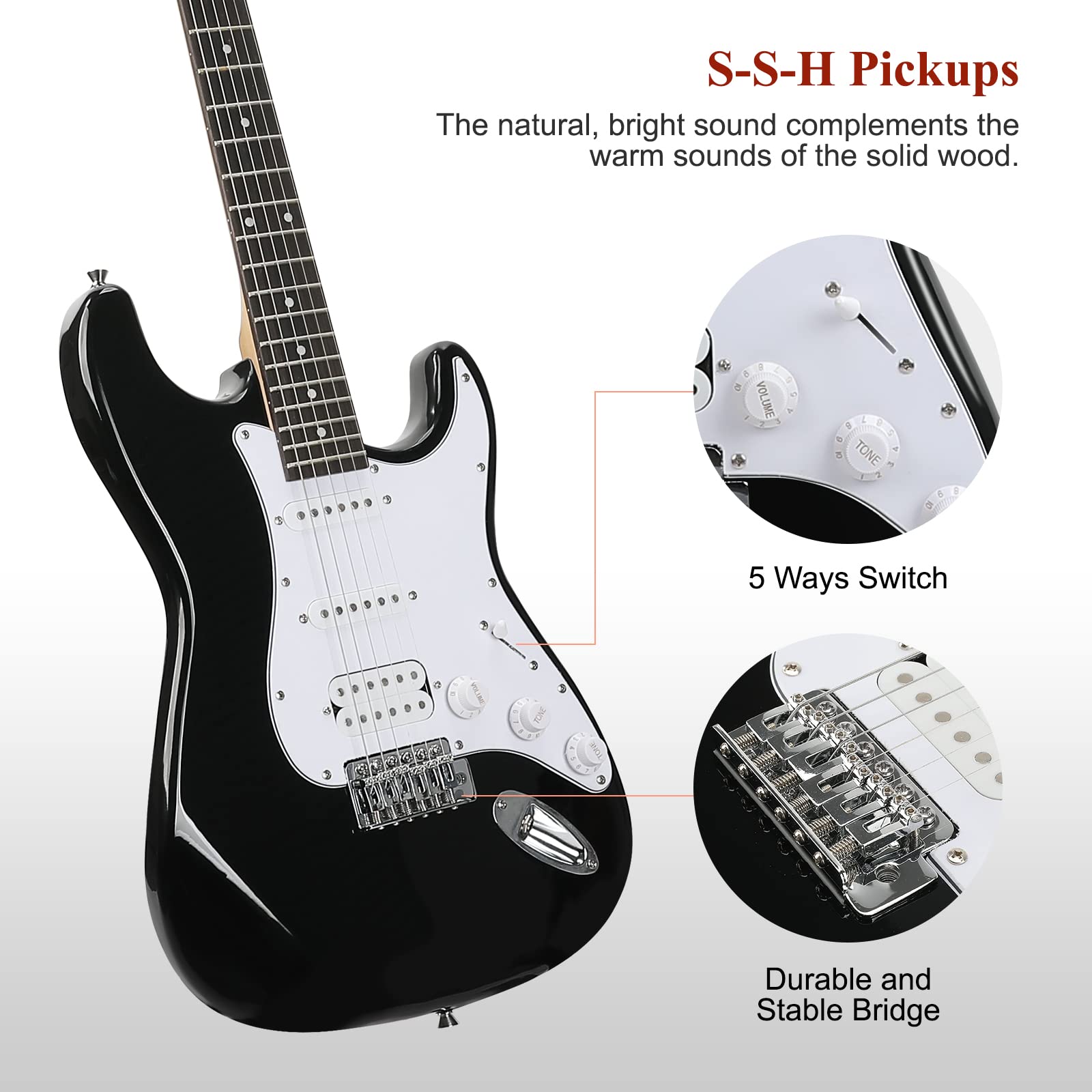 SAYHA Electric Guitar, 39 Inch Solid Full-size Electric Guitar HSS Pickups Starter Kit Includes Amplifier, Bag, Digital Tuner, Strap, String, Cable, Picks(Black) - Image 6