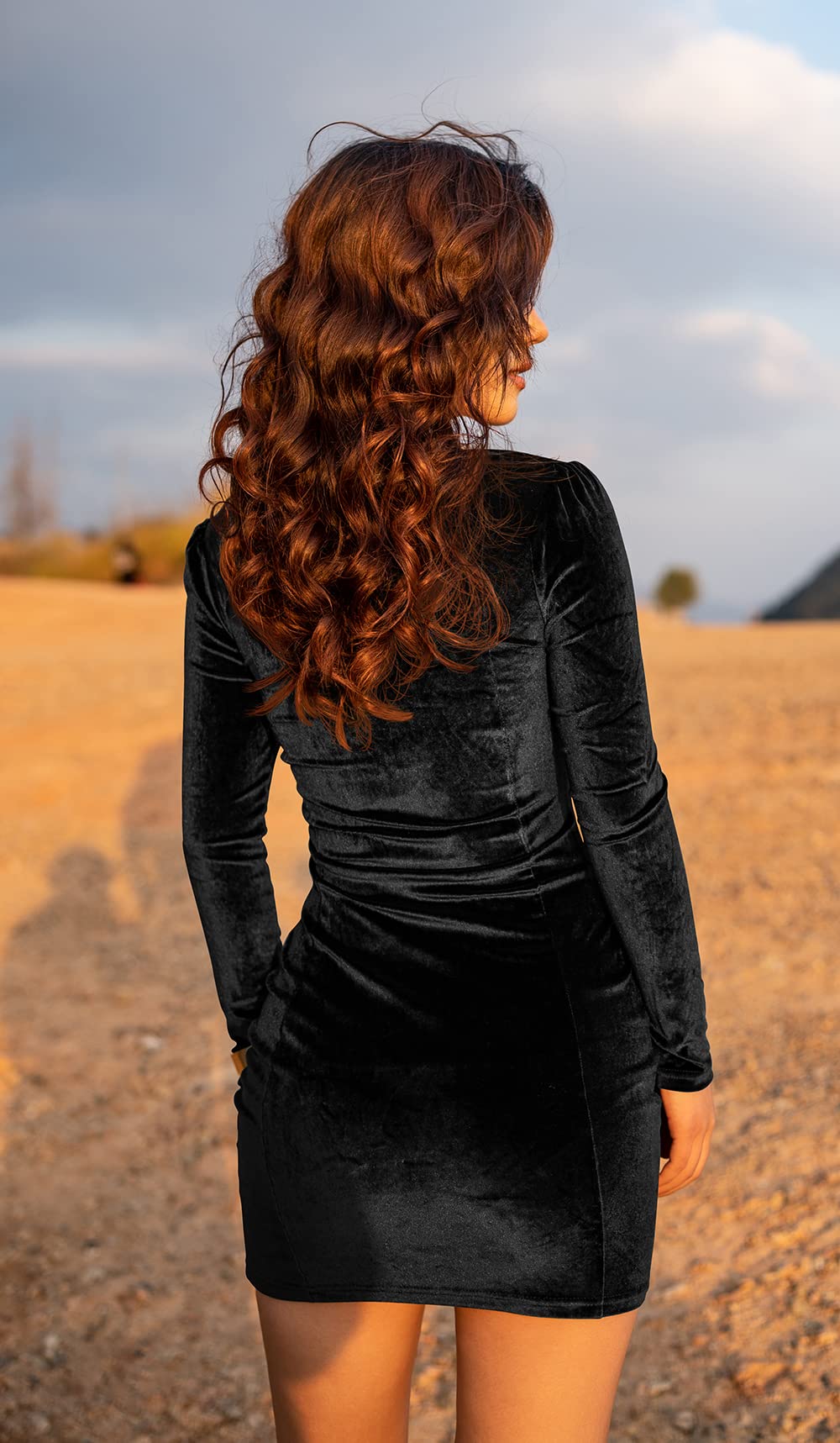 GOBLES Womens Sexy Velvet Long Sleeve Bodycon Elegant Mini Party Dress Black - Image 3