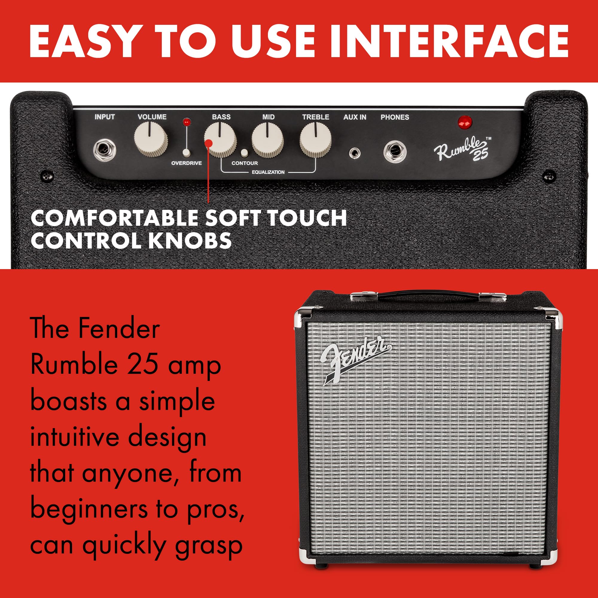 Fender Rumble 25 V3 Bass Amp for Bass Guitar, Bass Combo, 25 Watts, with 2-Year Warranty 8 Inch Speaker, with Overdrive Circuit and Mid-Scoop Contour Switch - Image 5
